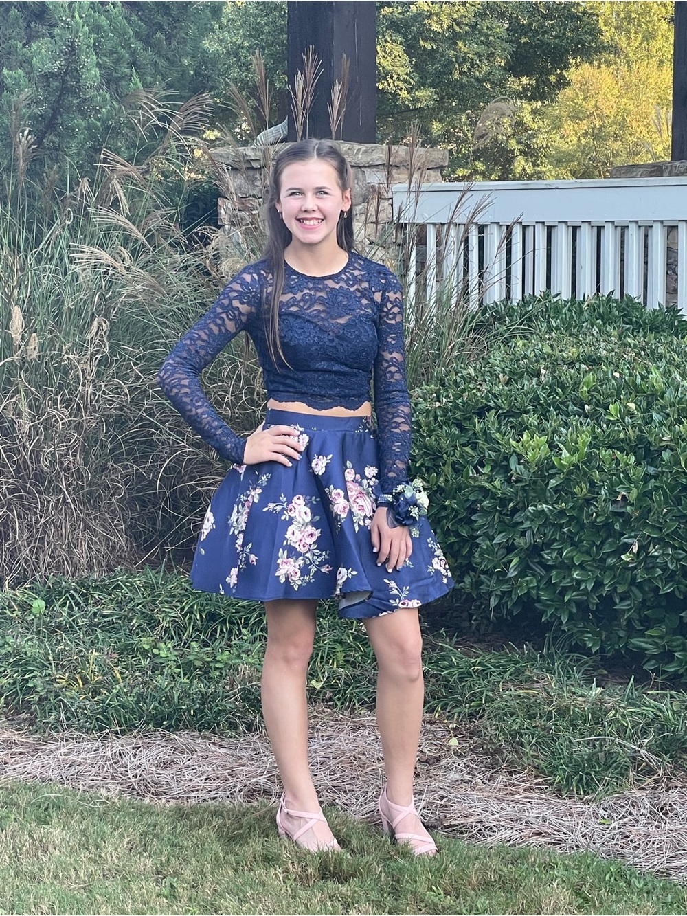 City Studio Navy Lace Long Sleeve Crop Top with Floral Skirt Set. very expensive